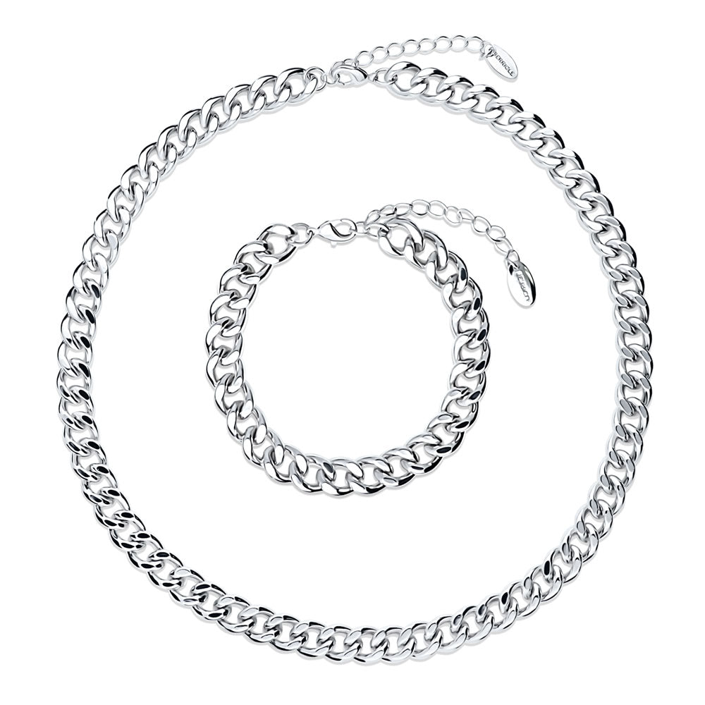 Curb Necklace and Chain Bracelet, 2-Piece, Silver-Tone