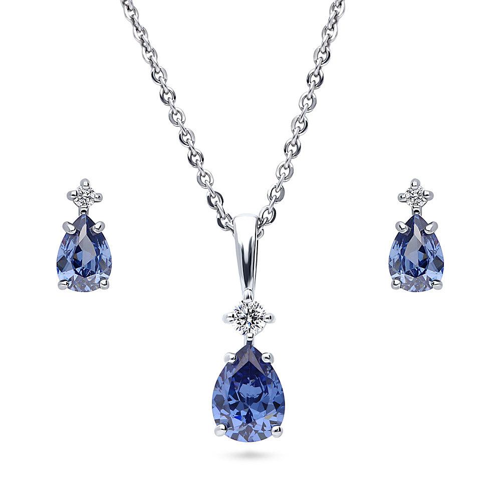 Solitaire 2-Stone 1ct Pear CZ Set in Sterling Silver, Tanzanite Color