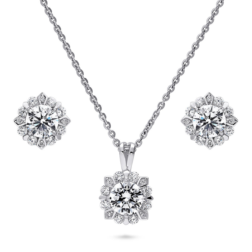 Halo Flower CZ Necklace and Earrings in Sterling Silver