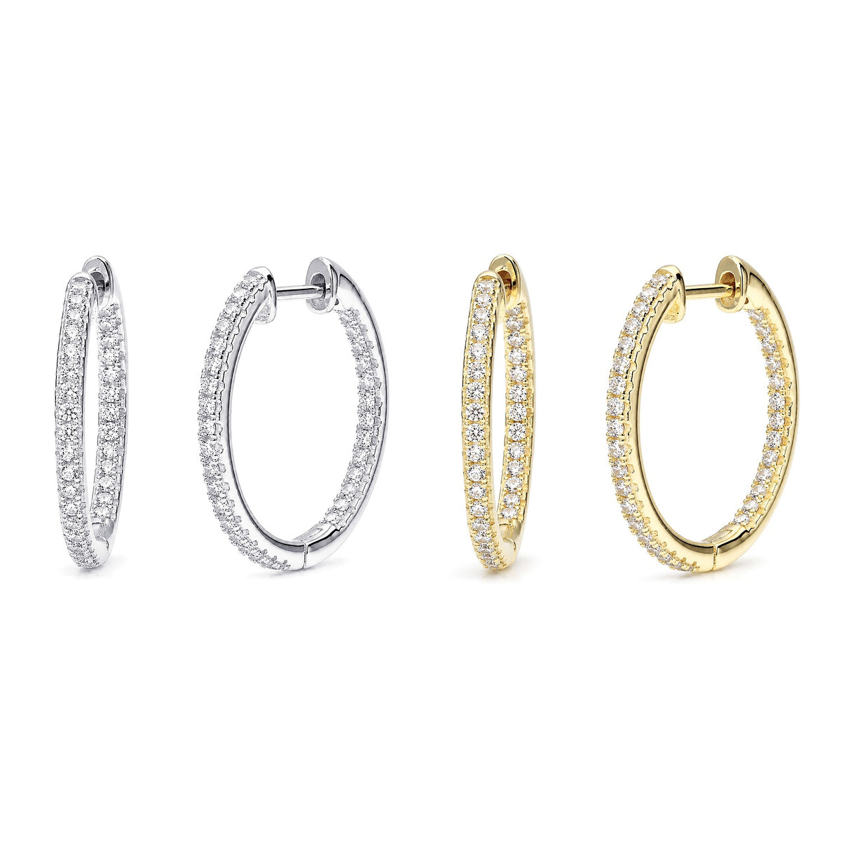 CZ Small Hoop Earrings in Gold Flashed Sterling Silver 0.9-1 inch, 2-Pair Set, 0.9 inch