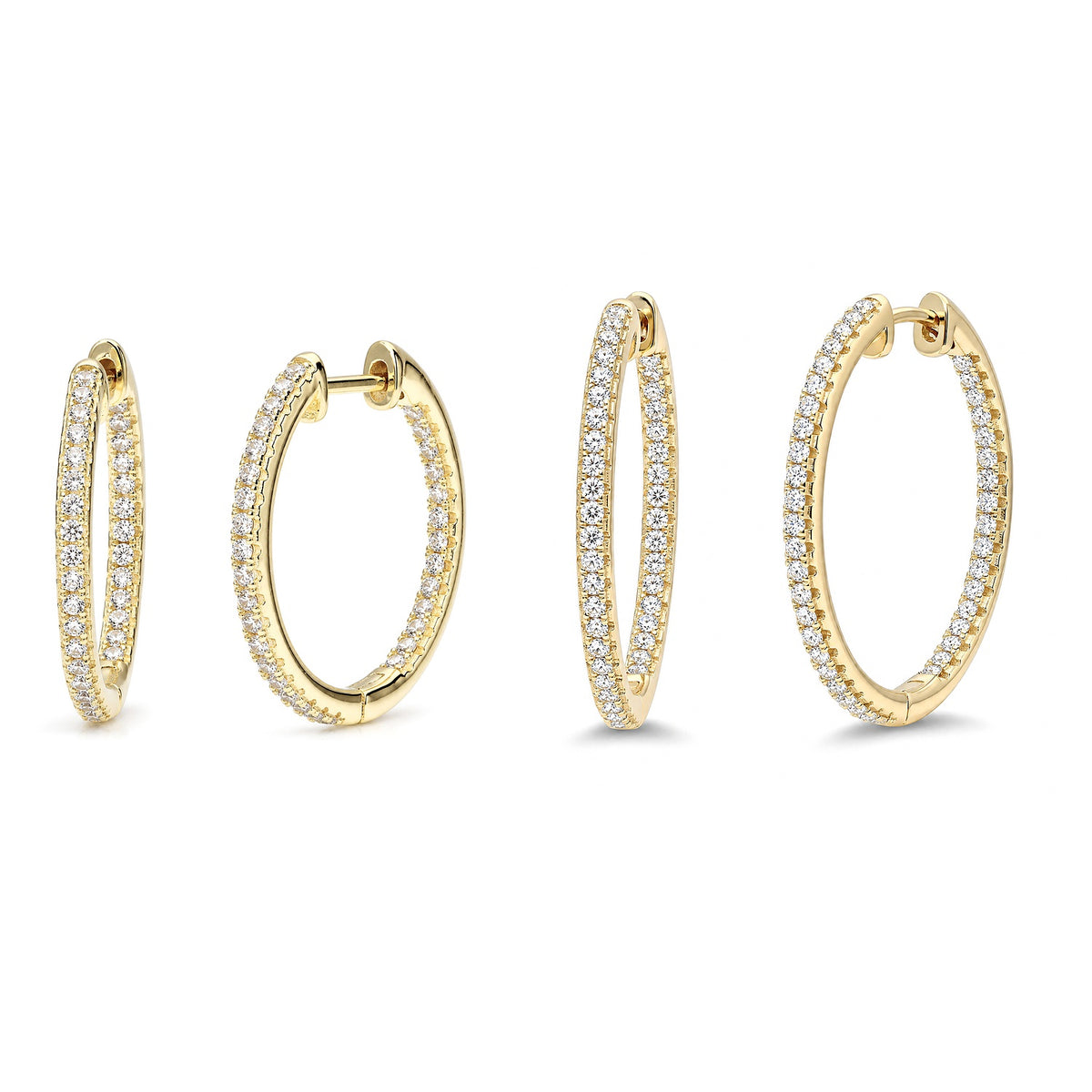 CZ Small Hoop Earrings in Gold Flashed Sterling Silver 0.9-1 inch, 2-Pair Set, Yellow Gold Flashed
