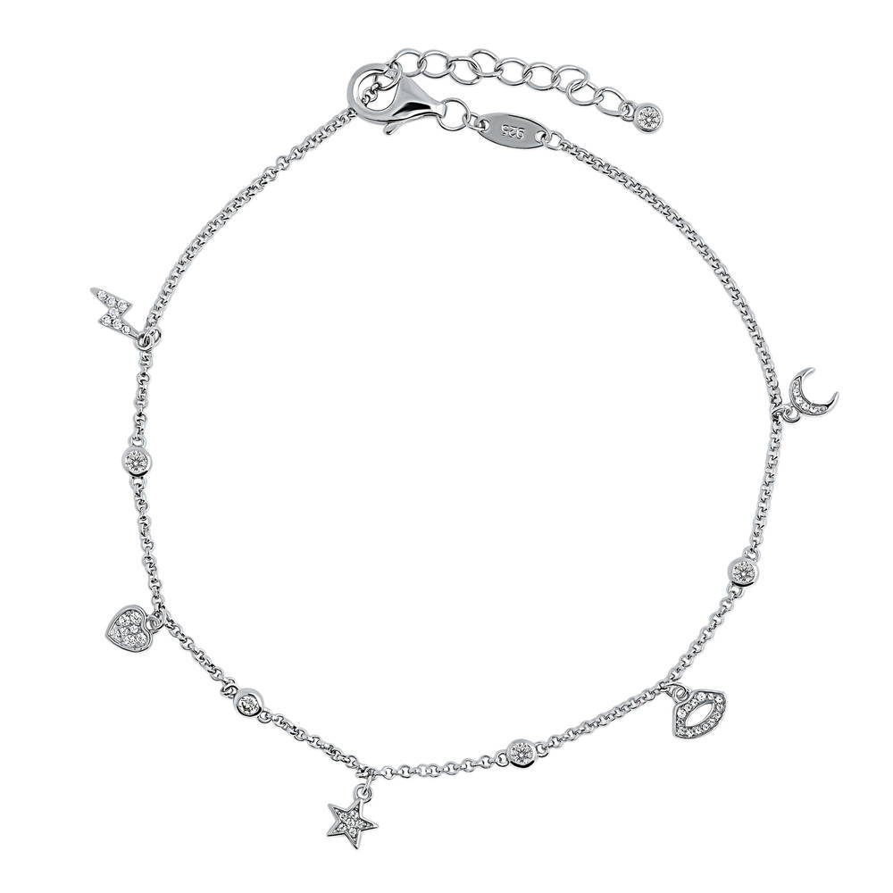 Star Crescent Moon CZ Charm Anklet in Sterling Silver