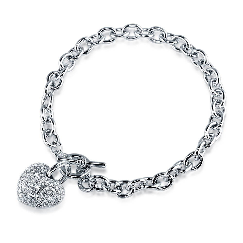 Heart CZ Toggle Charm Bracelet in Silver-Tone