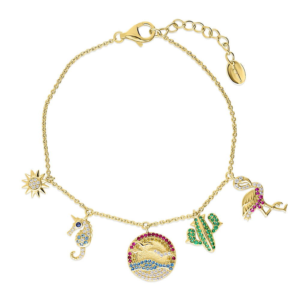 Star Seahorse Flamingo Sun CZ Charm Bracelet in Sterling Silver
