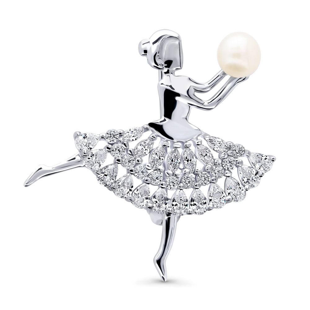 Dancing Girl White Button Cultured Pearl Pin in Sterling Silver