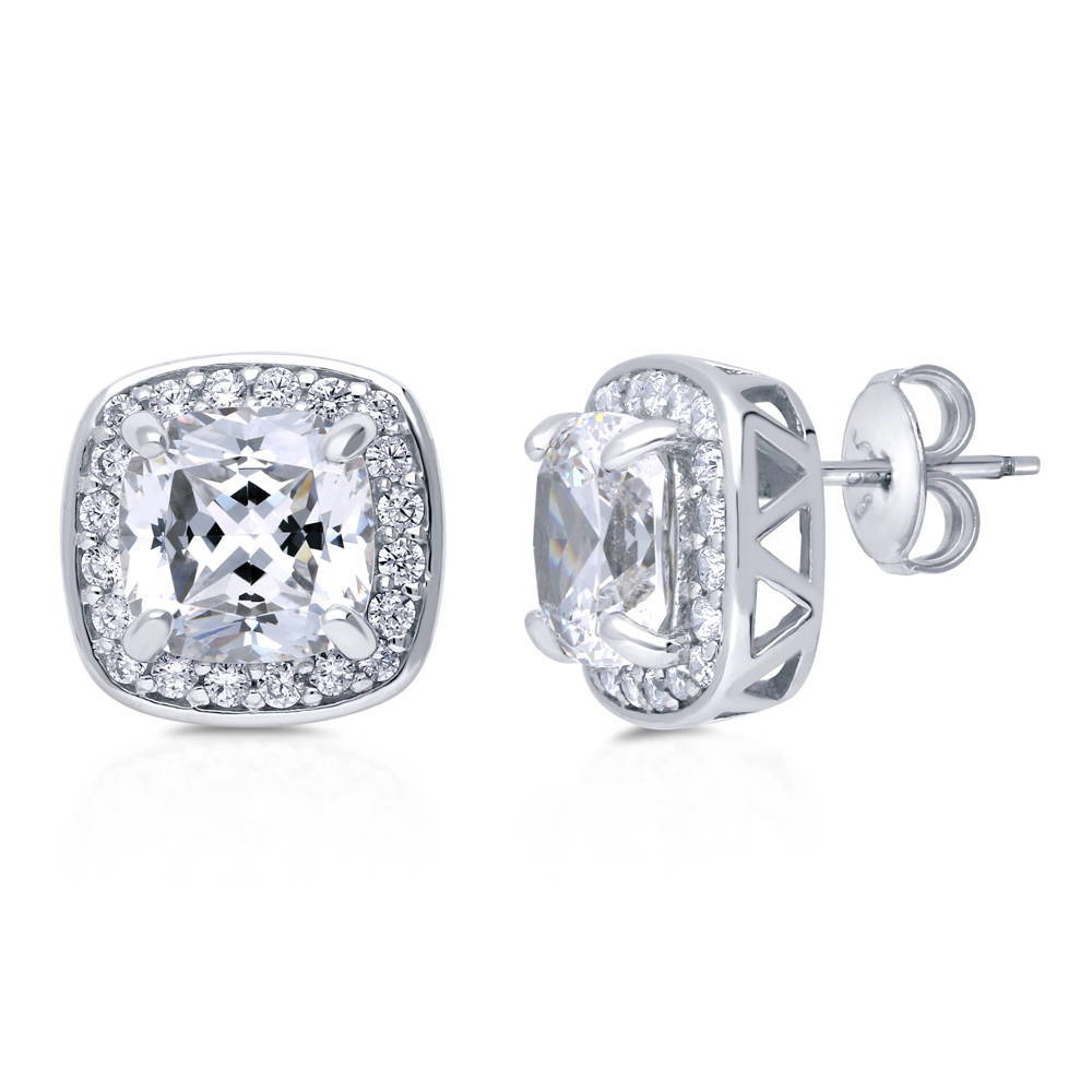Halo Cushion CZ Stud Earrings in Sterling Silver