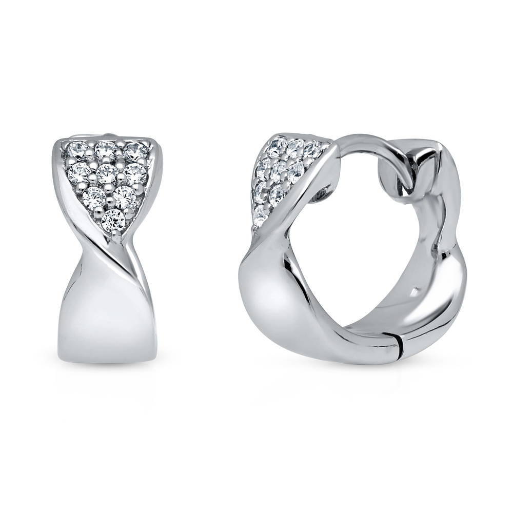 Ribbon CZ Small Huggie Earrings in Sterling Silver 0.5"