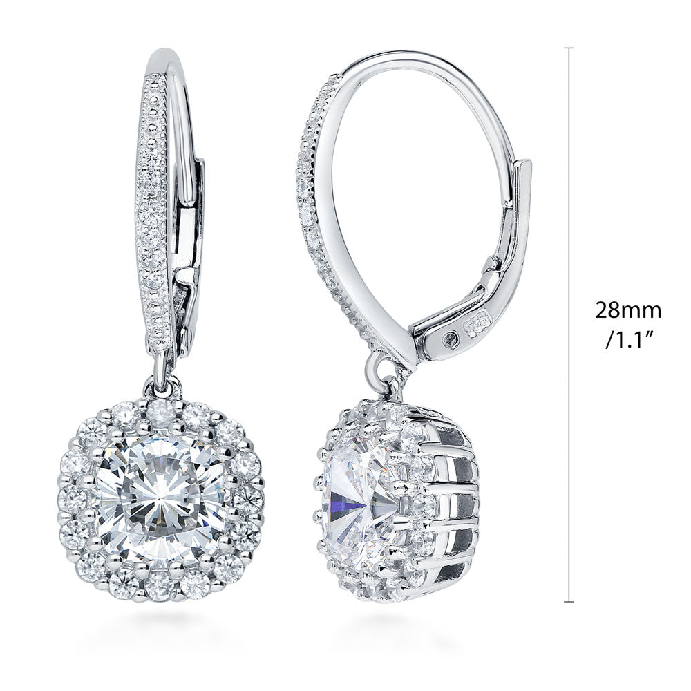 Halo Cushion CZ Leverback Dangle Earrings in Sterling Silver