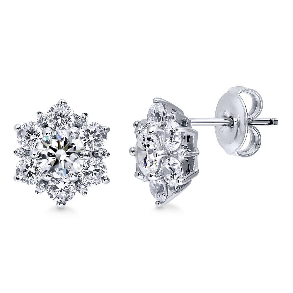 Flower Halo CZ Stud Earrings in Sterling Silver