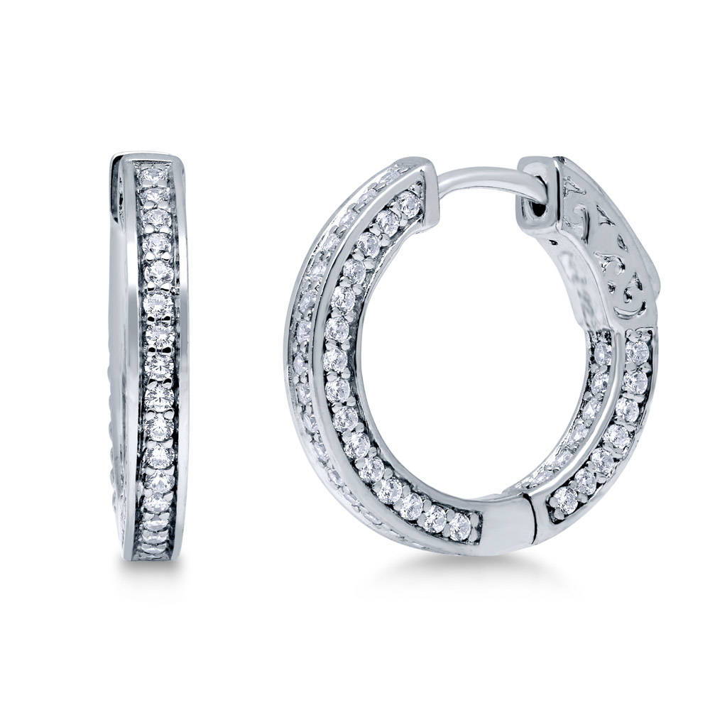 Bar CZ Medium Inside-Out Hoop Earrings in Sterling Silver 0.75"