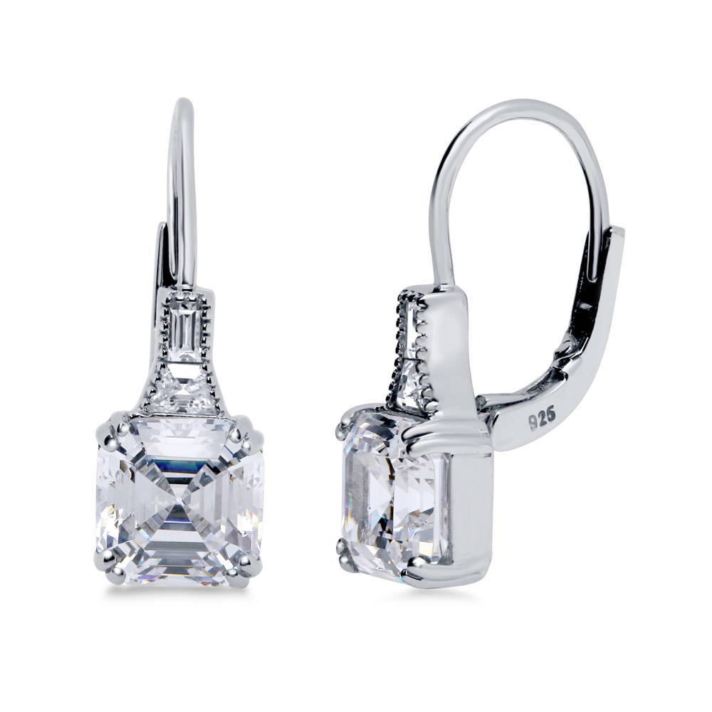 Solitaire 4ct Asscher CZ Leverback Dangle Earrings in Sterling Silver, 1 of 3