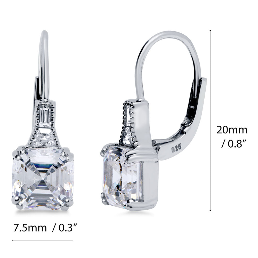 Front view of Solitaire 4ct Asscher CZ Leverback Dangle Earrings in Sterling Silver, 3 of 3