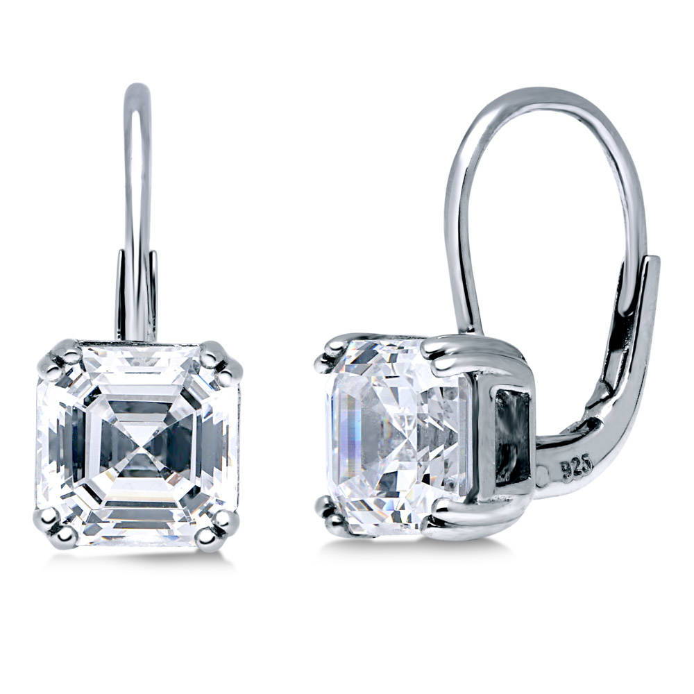 Solitaire 4ct Asscher CZ Leverback Dangle Earrings in Sterling Silver