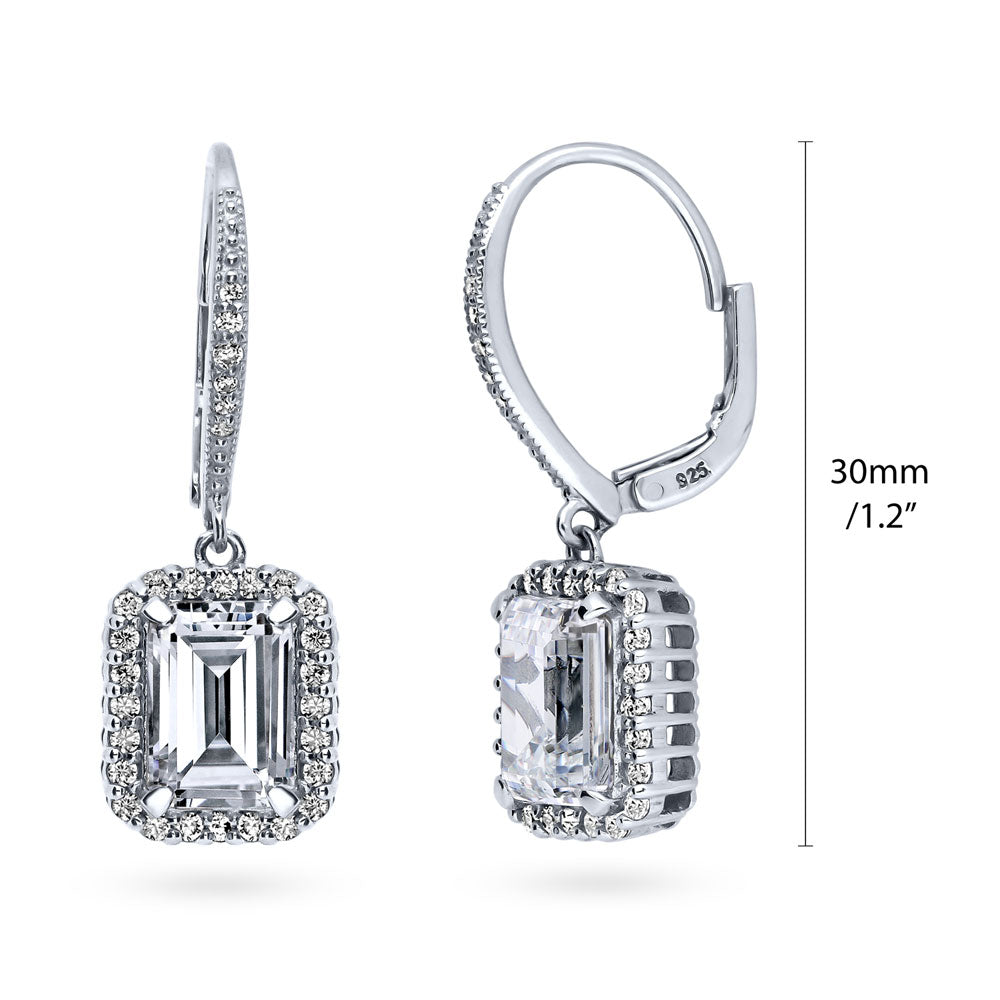 Halo Emerald Cut CZ Leverback Dangle Earrings in Sterling Silver