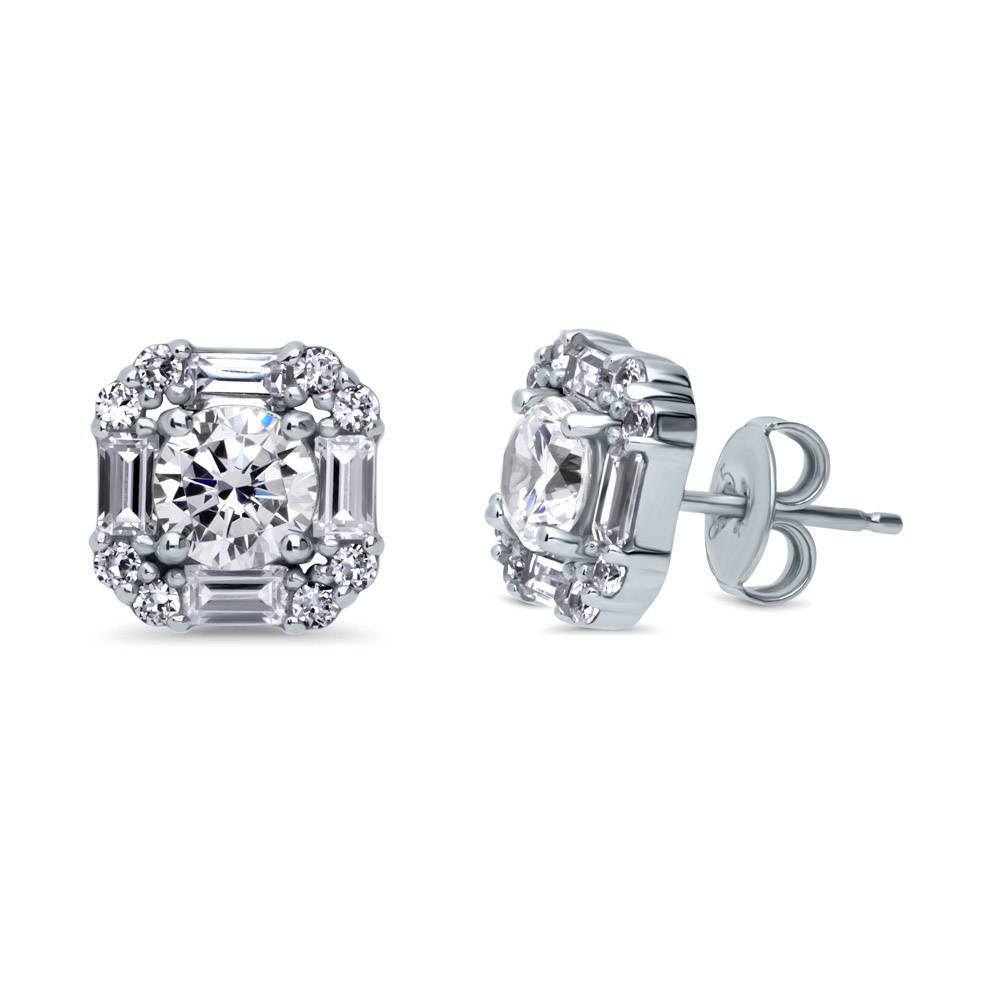 Halo Art Deco Round CZ Stud Earrings in Sterling Silver