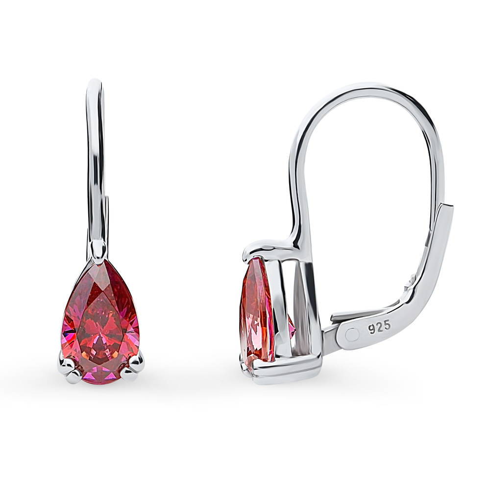Solitaire 1.6-2.6ct Pear CZ Leverback Earrings in Sterling Silver, Red Color