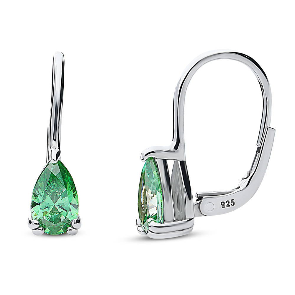Solitaire 1.6-2.6ct Pear CZ Leverback Earrings in Sterling Silver, Green Color