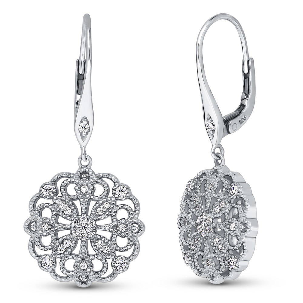 Flower Filigree CZ Leverback Dangle Earrings in Sterling Silver