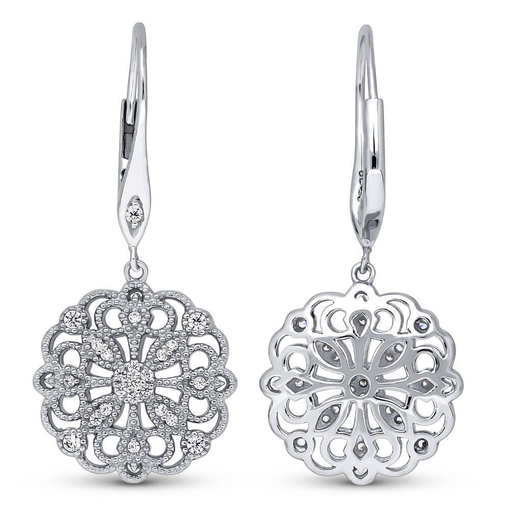 Flower Filigree CZ Leverback Dangle Earrings in Sterling Silver