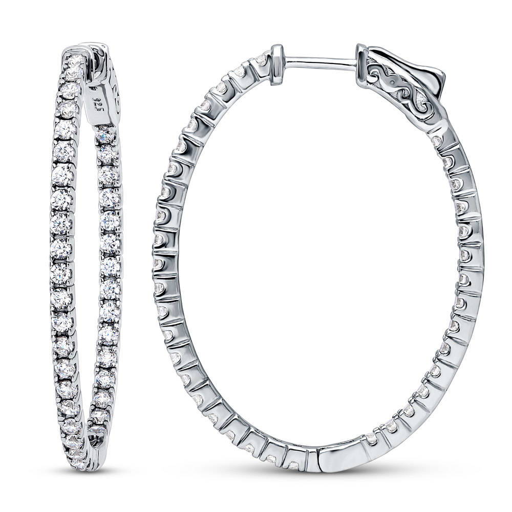 Oval CZ Medium Inside-Out Hoop Earrings in Sterling Silver 1.4"