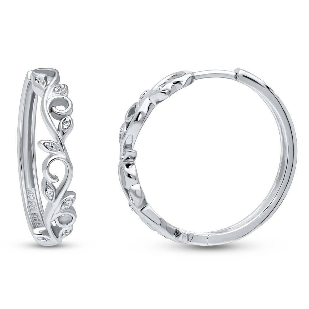 Leaf Filigree CZ Medium Hoop Earrings in Sterling Silver 0.98"