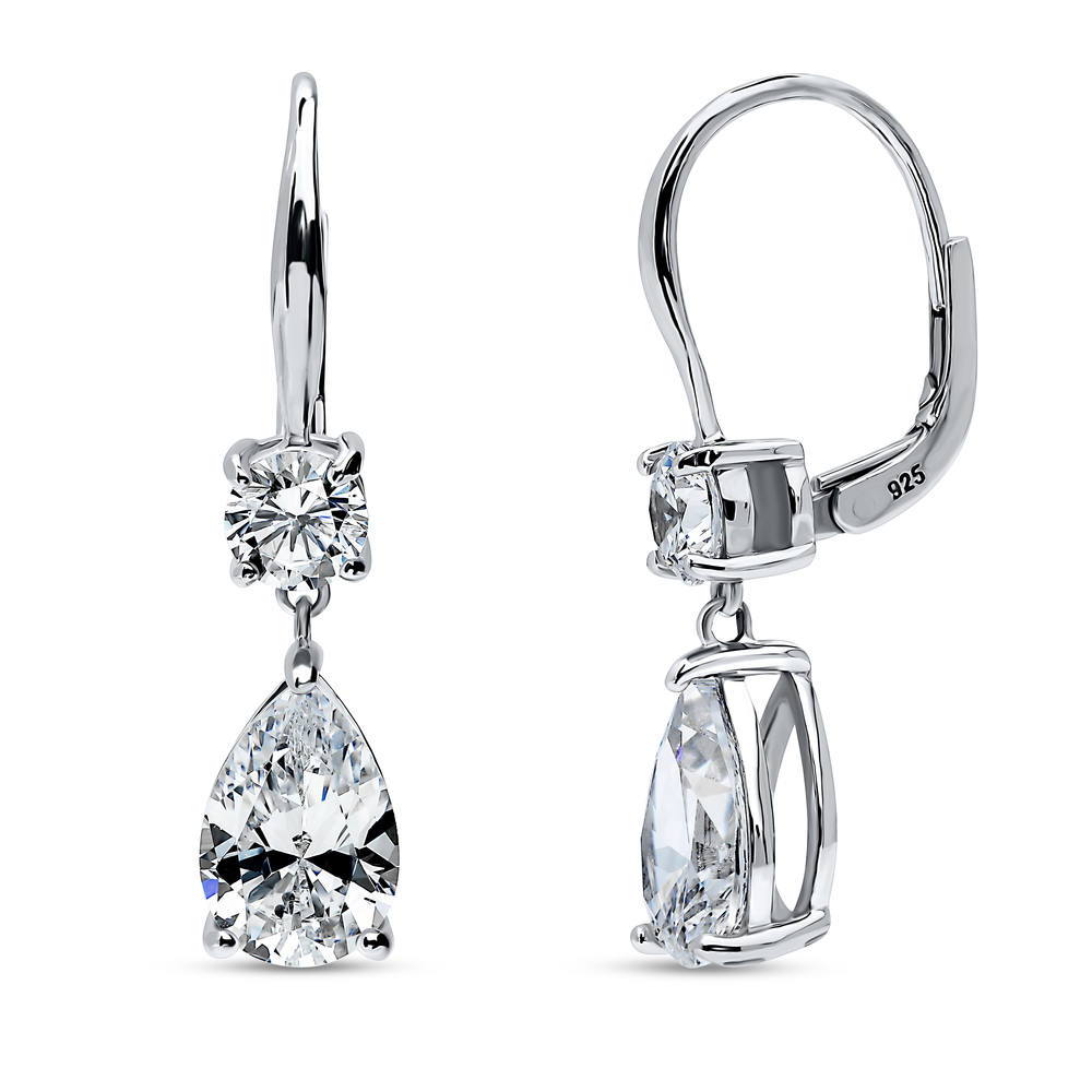 Solitaire 3.6ct Pear CZ Leverback Dangle Earrings in Sterling Silver, 1 of 2