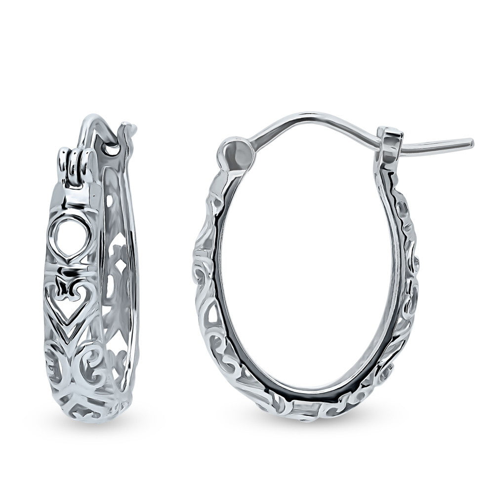 Oval Filigree Medium Hoop Earrings in Sterling Silver 0.77"