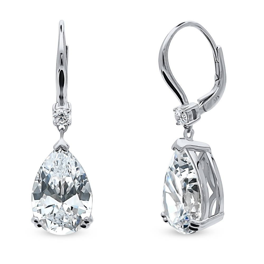 Solitaire 11.4ct Pear CZ Leverback Dangle Earrings in Sterling Silver, 1 of 4