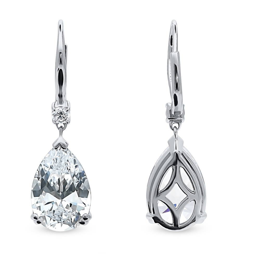 Front view of Solitaire 11.4ct Pear CZ Leverback Dangle Earrings in Sterling Silver, 4 of 4