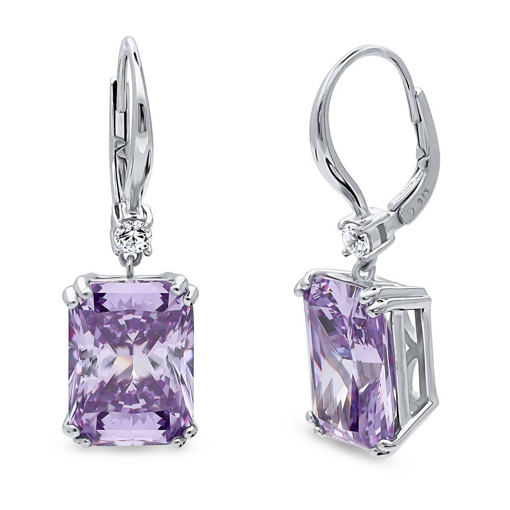 Solitaire Purple Radiant CZ Leverback Earrings in Sterling Silver 17ct