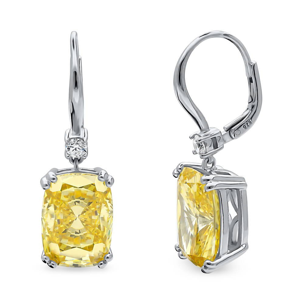 Solitaire Canary Cushion CZ Leverback Earrings in Sterling Silver 18ct