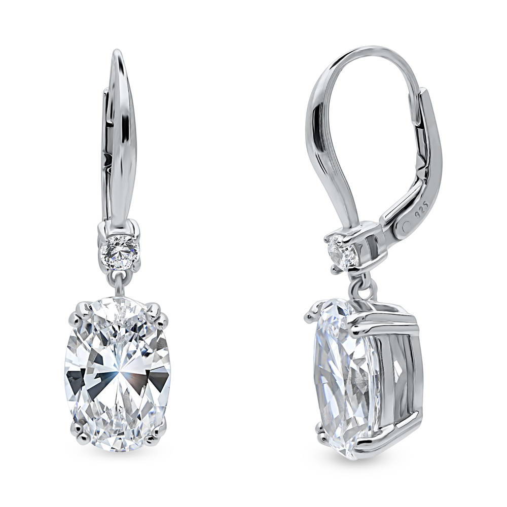 Solitaire 6ct Oval CZ Leverback Dangle Earrings in Sterling Silver, 1 of 3