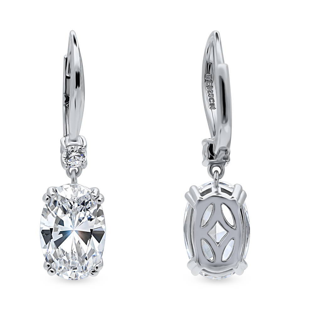Front view of Solitaire 6ct Oval CZ Leverback Dangle Earrings in Sterling Silver, 3 of 3