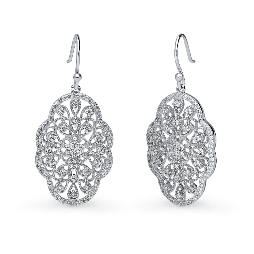 Flower Milgrain CZ Statement Fish Hook Earrings in Sterling Silver