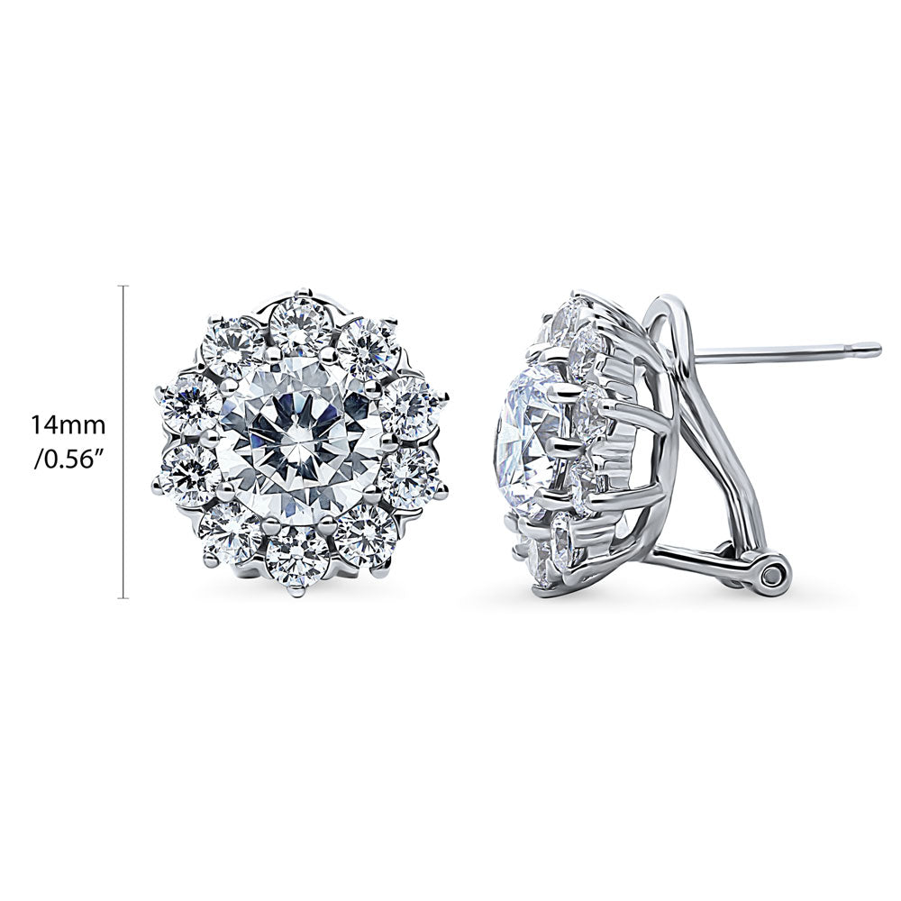 Flower Halo CZ Omega Back Stud Earrings in Sterling Silver