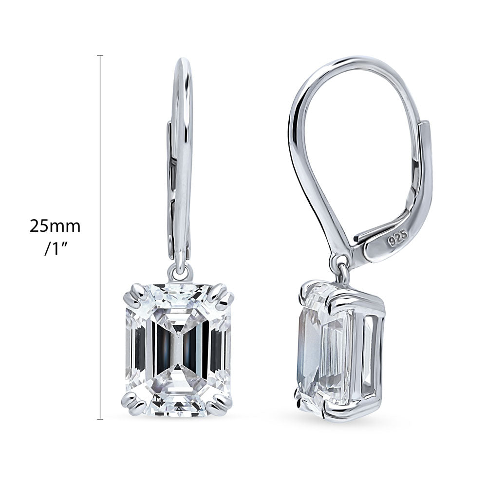 Solitaire 7.6ct Emerald Cut CZ Leverback Earrings in Sterling Silver