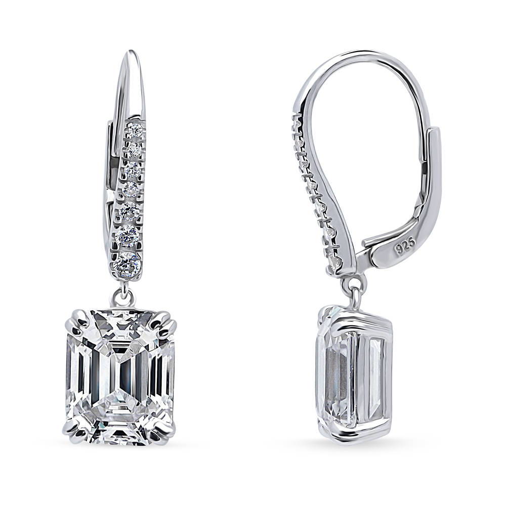 Solitaire 7.6ct Emerald Cut CZ Leverback Earrings in Sterling Silver