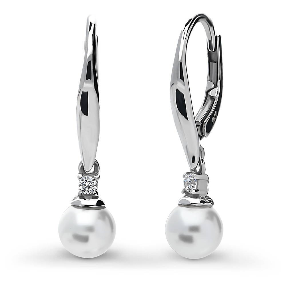 Solitaire White Round Imitation Pearl Earrings in Sterling Silver