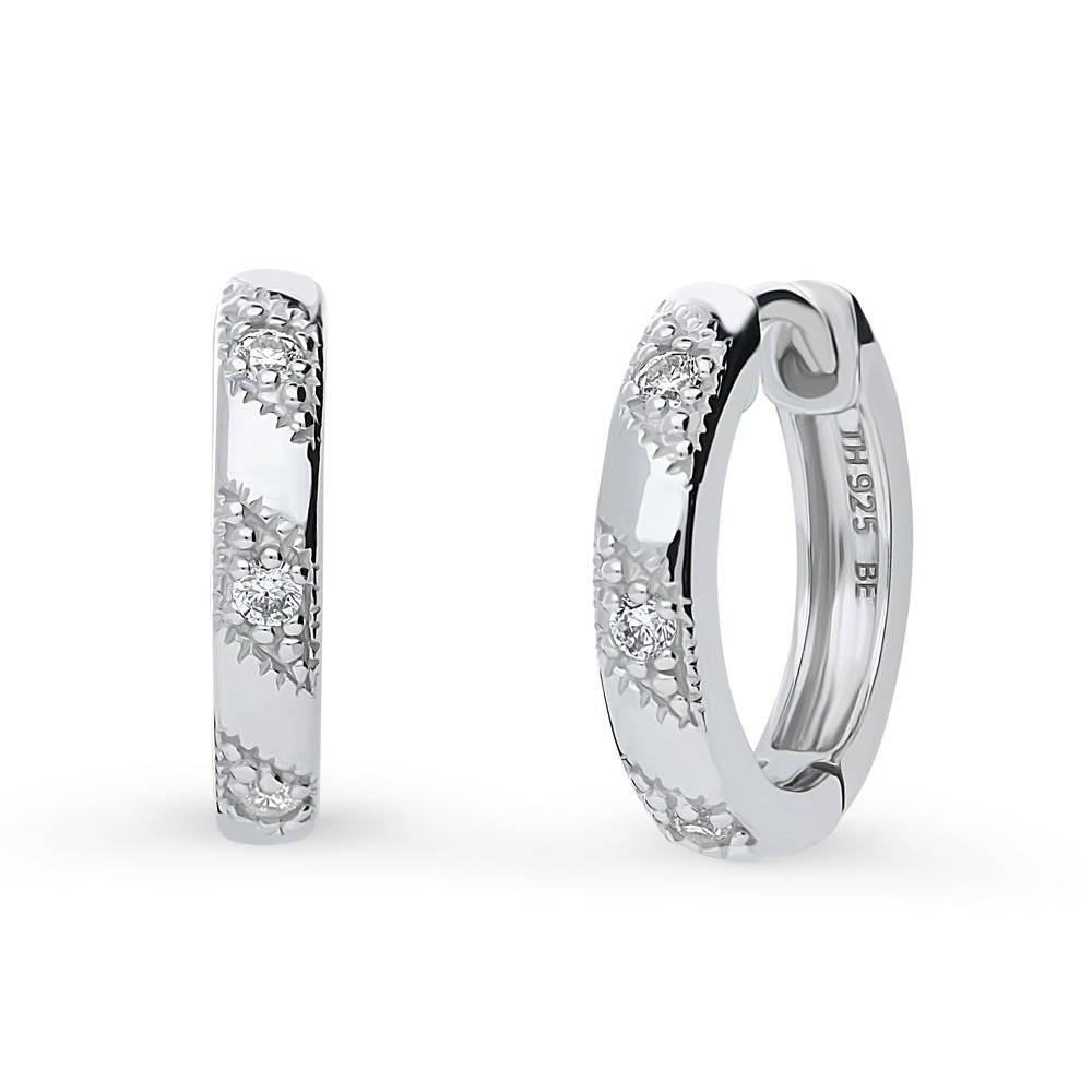 Bead CZ Medium Hoop Earrings in Sterling Silver 0.6"