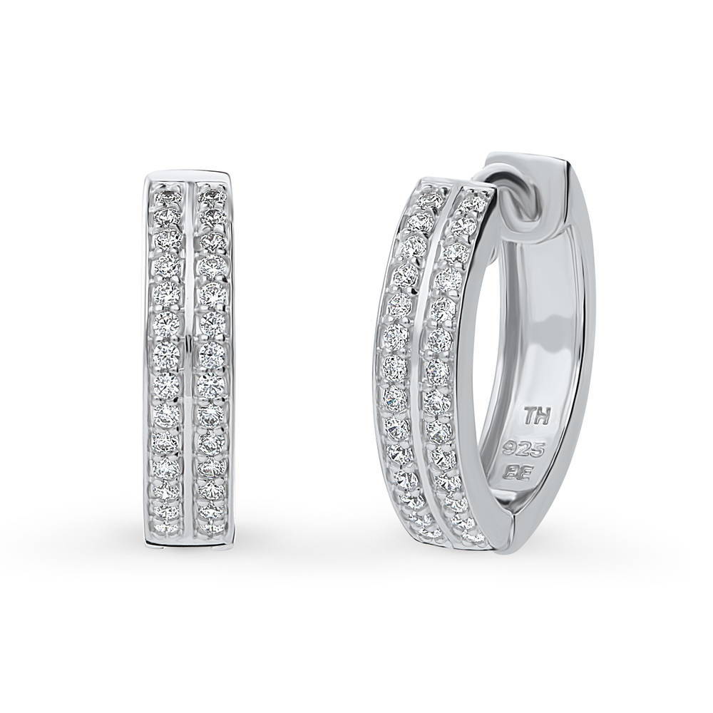 Double Row CZ Medium Hoop Earrings in Sterling Silver 0.6"