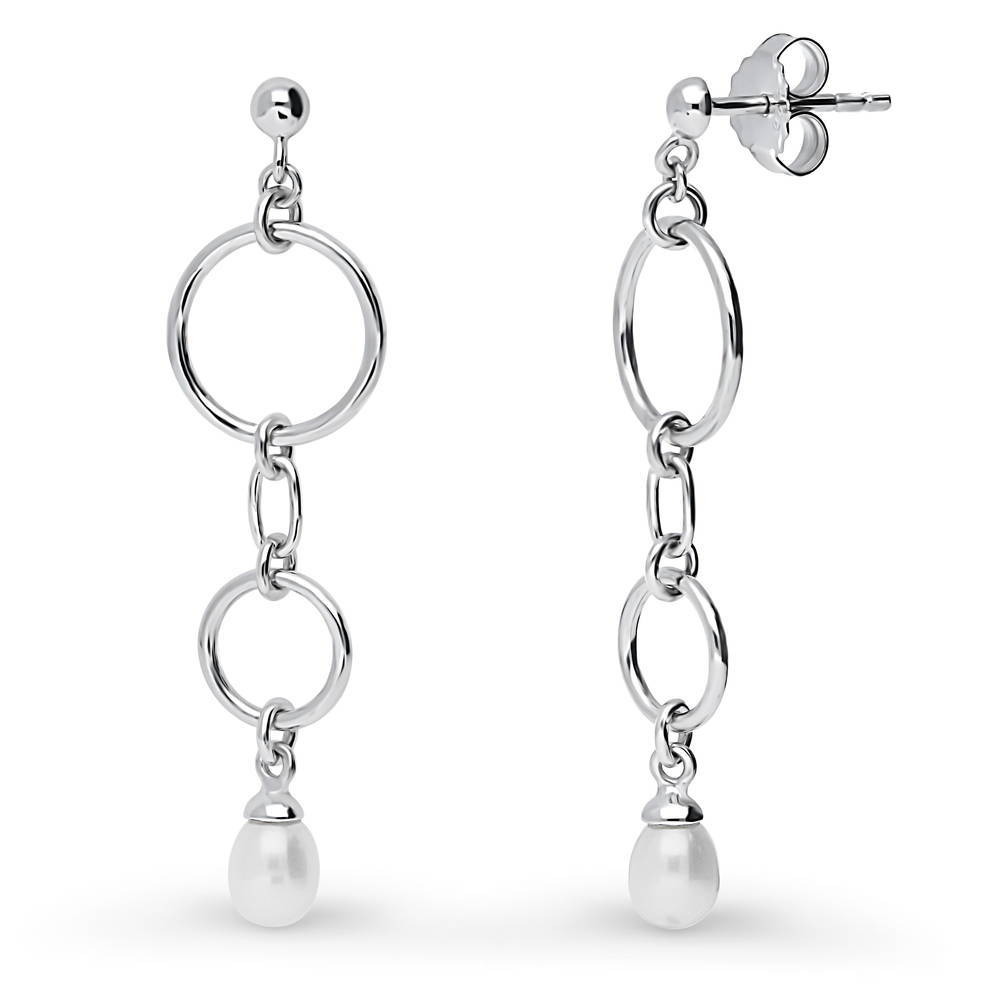 Open Circle White Drop Cultured Pearl Earrings in Sterling Silver