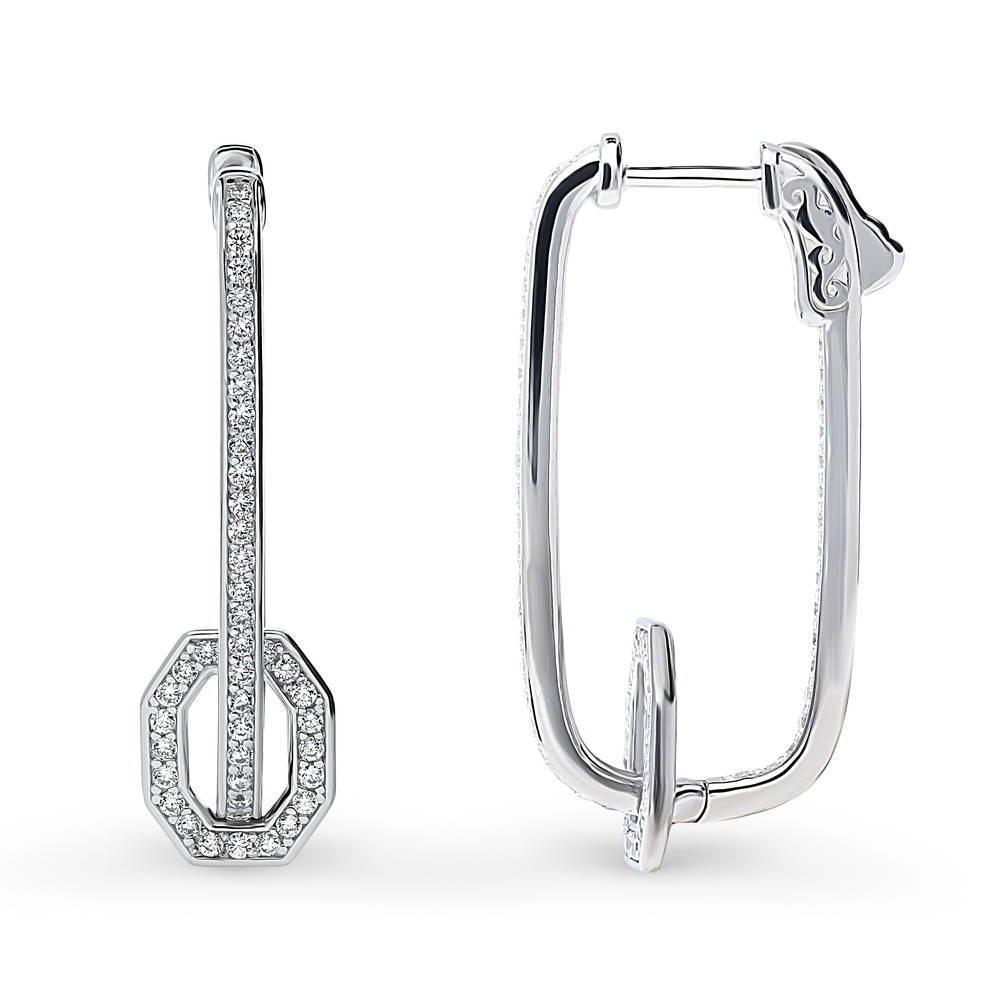 Rectangle CZ Medium Inside-Out Hoop Earrings in Sterling Silver 1.3"