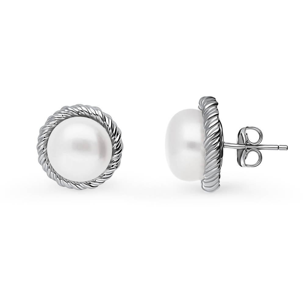 Solitaire White Button Cultured Pearl Stud Earrings in Sterling Silver