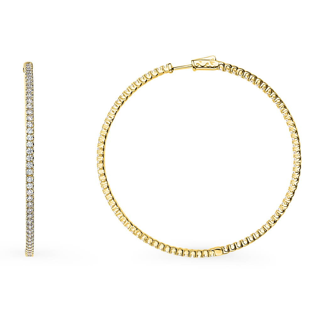 Front view of CZ Large Inside-Out Hoop Earrings in Sterling Silver 2.5 inch, Yellow Gold Flashed