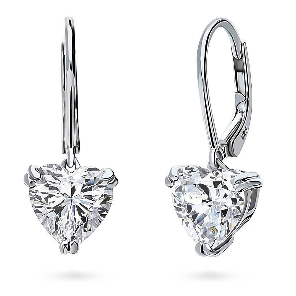Solitaire 3.4ct Heart CZ Leverback Dangle Earrings in Sterling Silver, 1 of 6