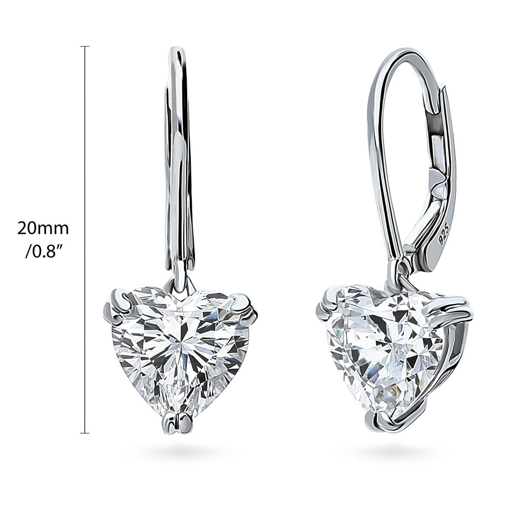 Front view of Solitaire 3.4ct Heart CZ Leverback Dangle Earrings in Sterling Silver, 4 of 6