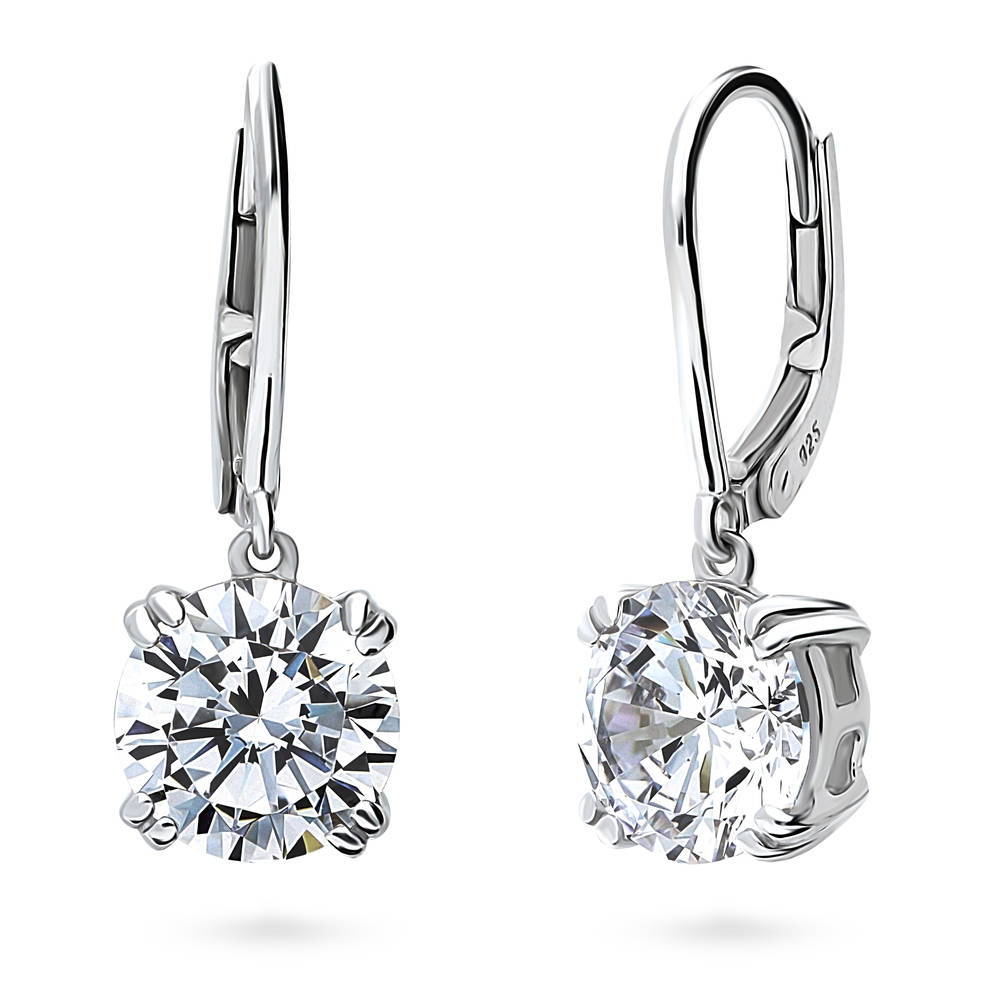 Solitaire 4ct Round CZ Leverback Dangle Earrings in Sterling Silver, 1 of 5