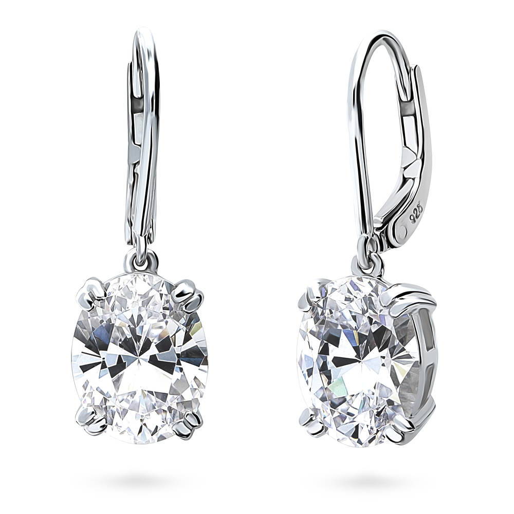 Solitaire 5.6ct Oval CZ Leverback Dangle Earrings in Sterling Silver, 1 of 5