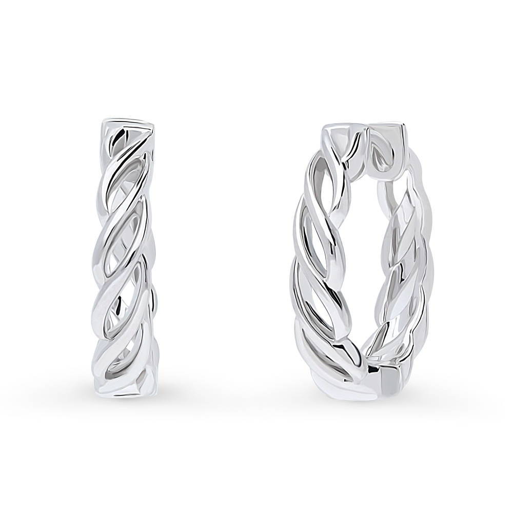 Woven Small Hoop Earrings in Sterling Silver 0.7 inch, Rhodium Plated