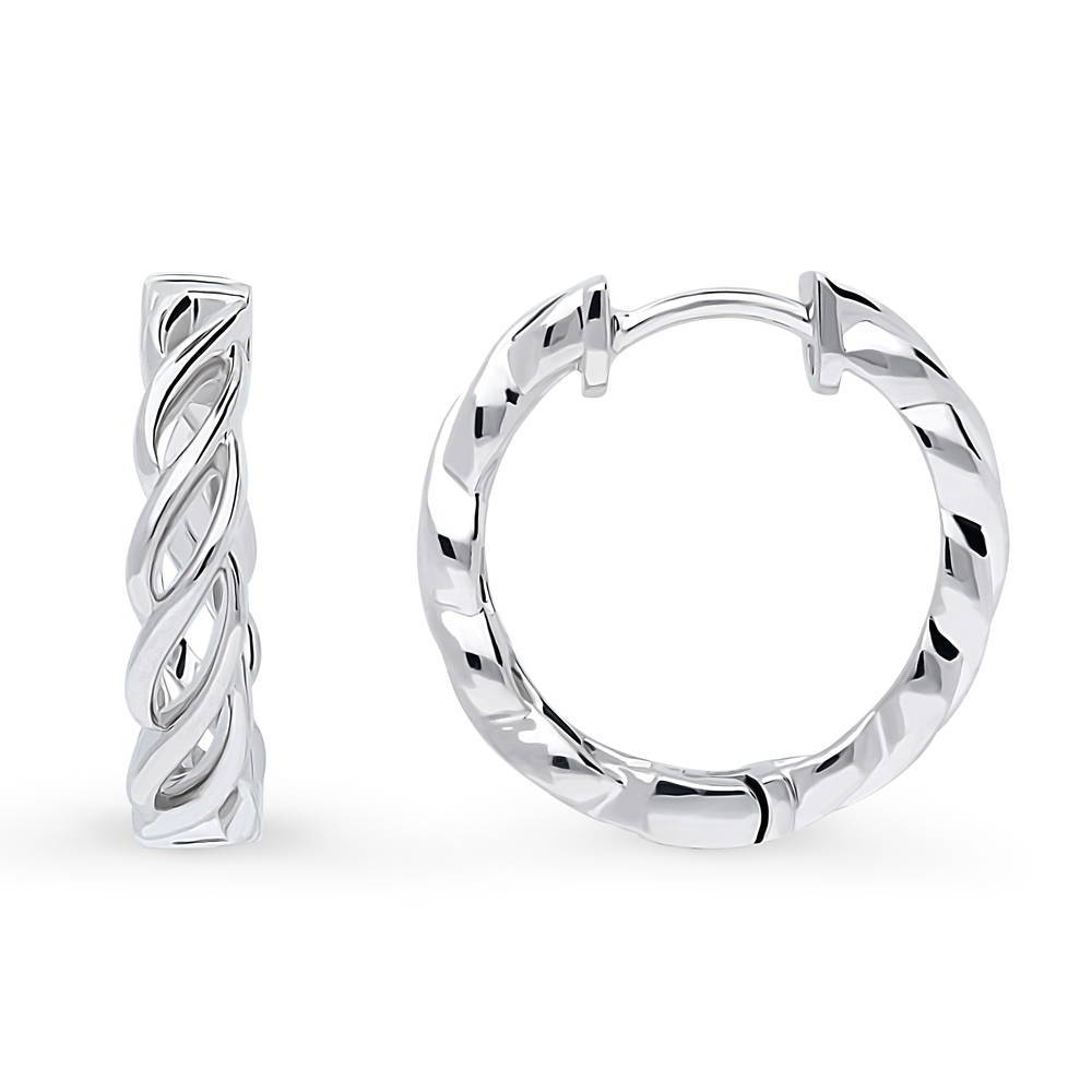 Front view of Woven Small Hoop Earrings in Sterling Silver 0.7 inch, Rhodium Plated
